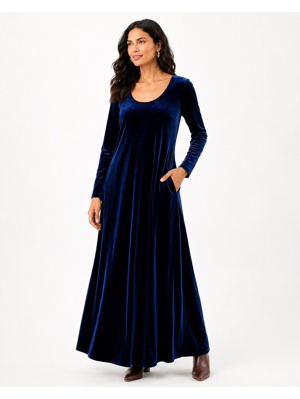 Soft Surroundings Santiago Velvet Maxi Dress Med Navy Blue Long-Sleeve Pockets